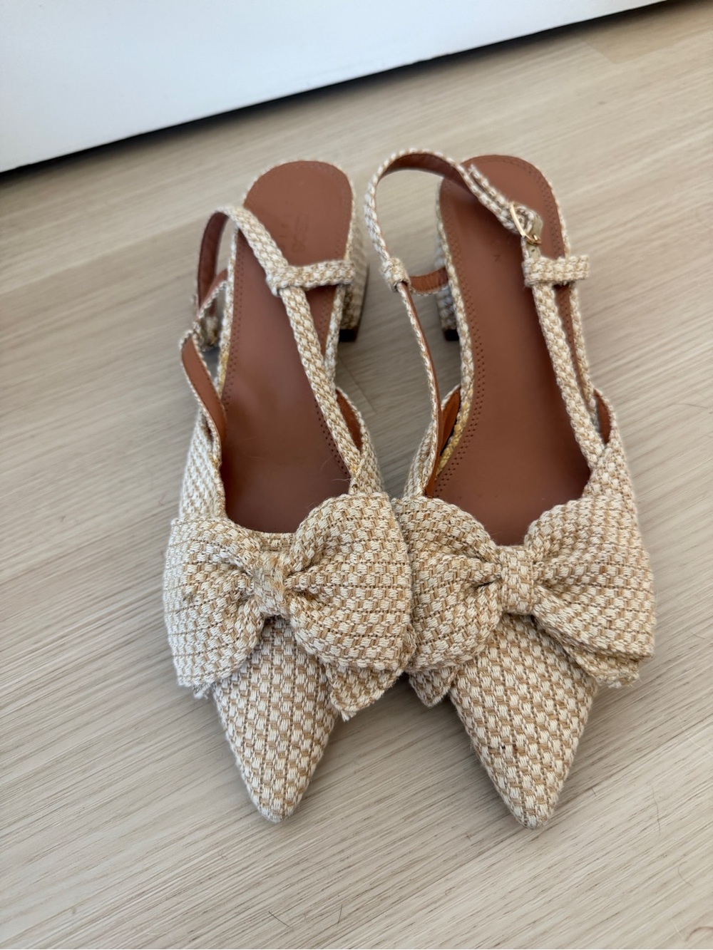 ASOS Cream Textured Bow Pointed-Toe Slingback Heels